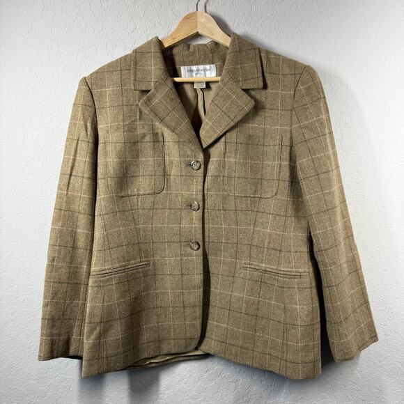 Jones New York Women's Lambswool Tan Green Plaid Blazer Size 12P - Picture 1 of 8